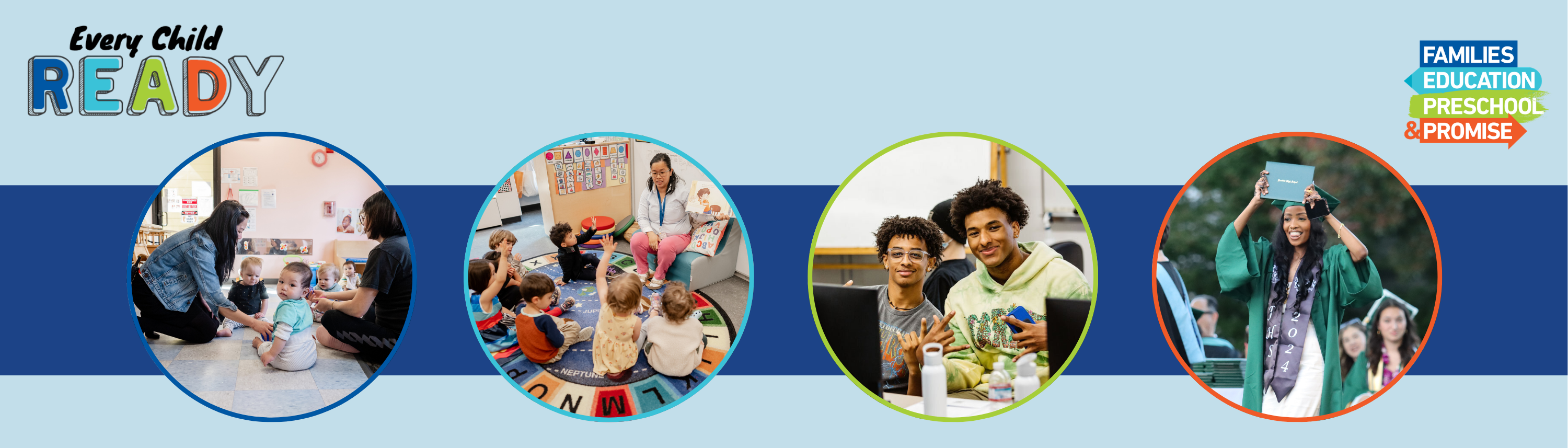 Four images of diverse children from infant, to preschool, high school and college aged Seattle youth.