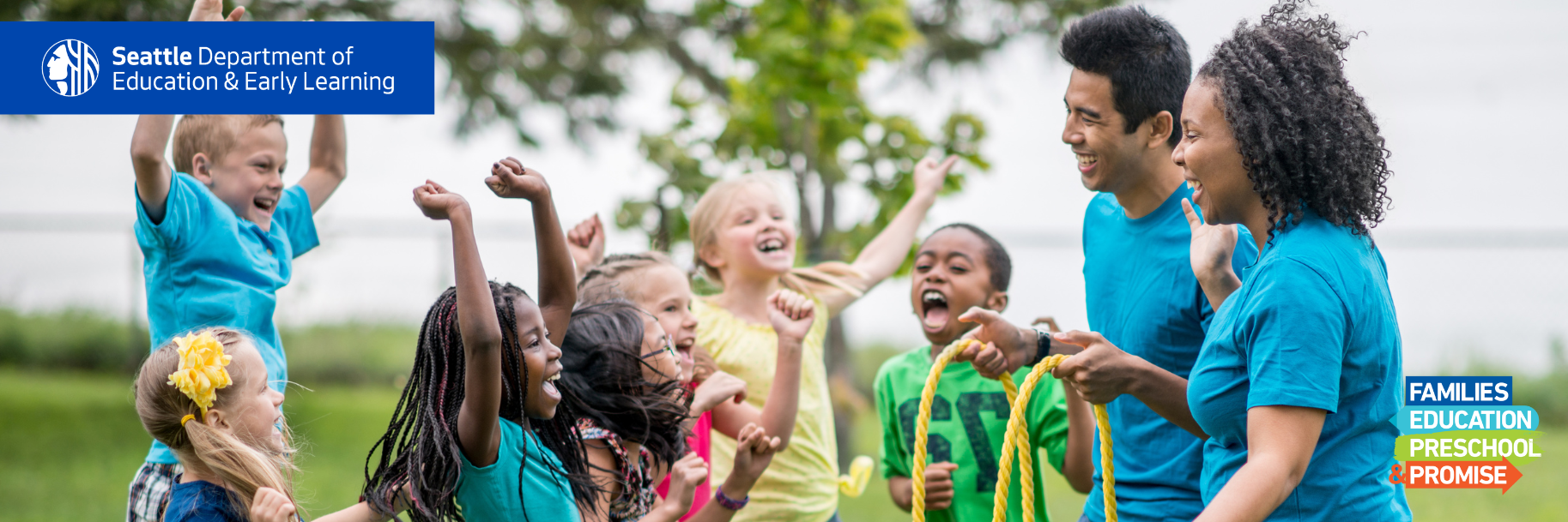 Children wearing backpacks run outside.