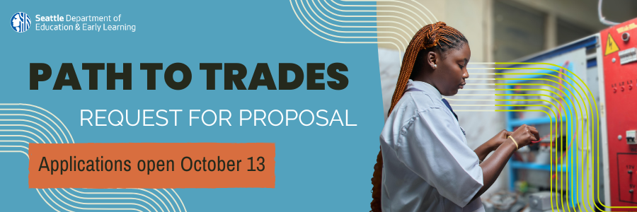 Path to Trades Request for Proposal banner featuring a Black girl with braids making an electrical repair