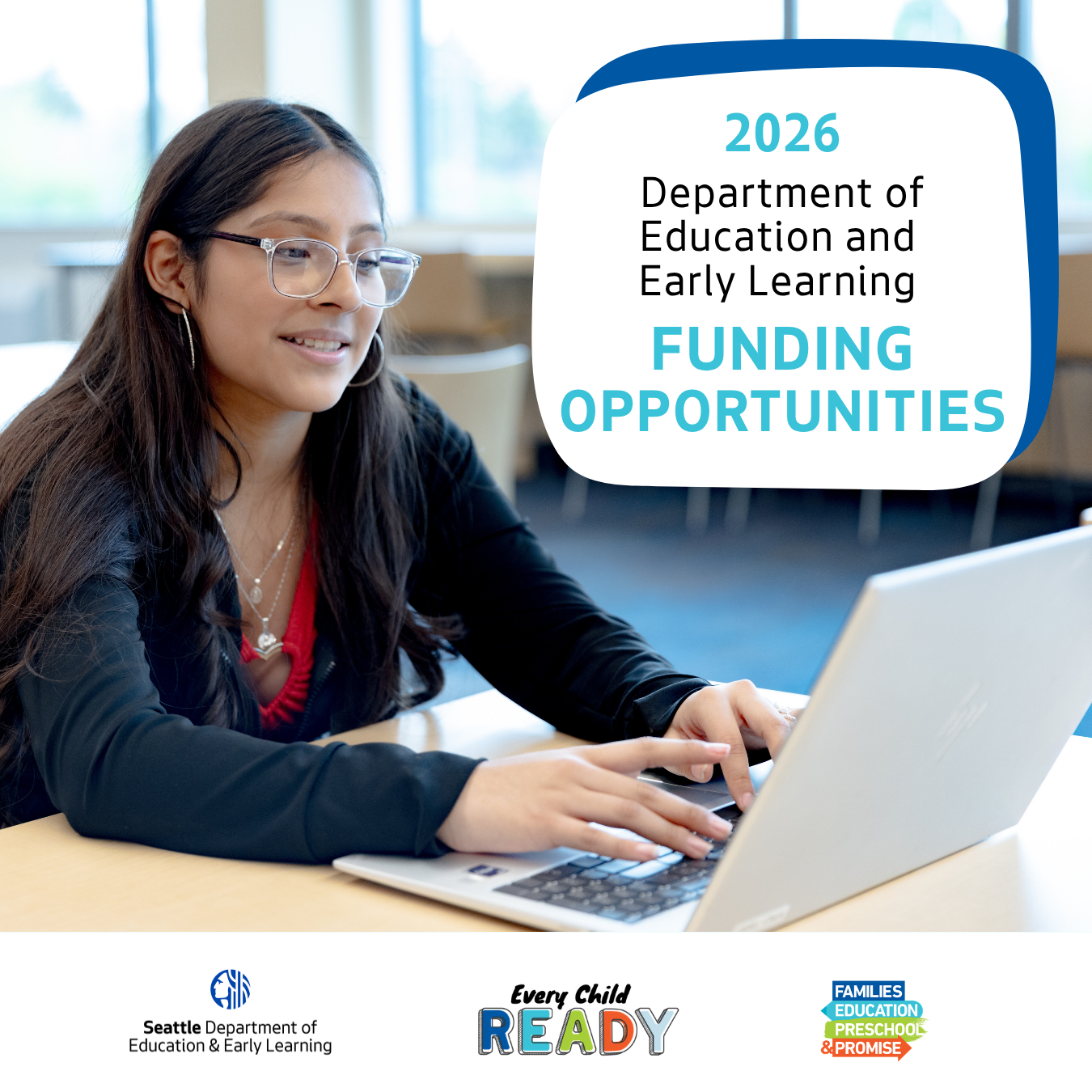 2026 DEEL Funding Opportunities, featuring a Latine high school student with long hair and glasses using a laptop