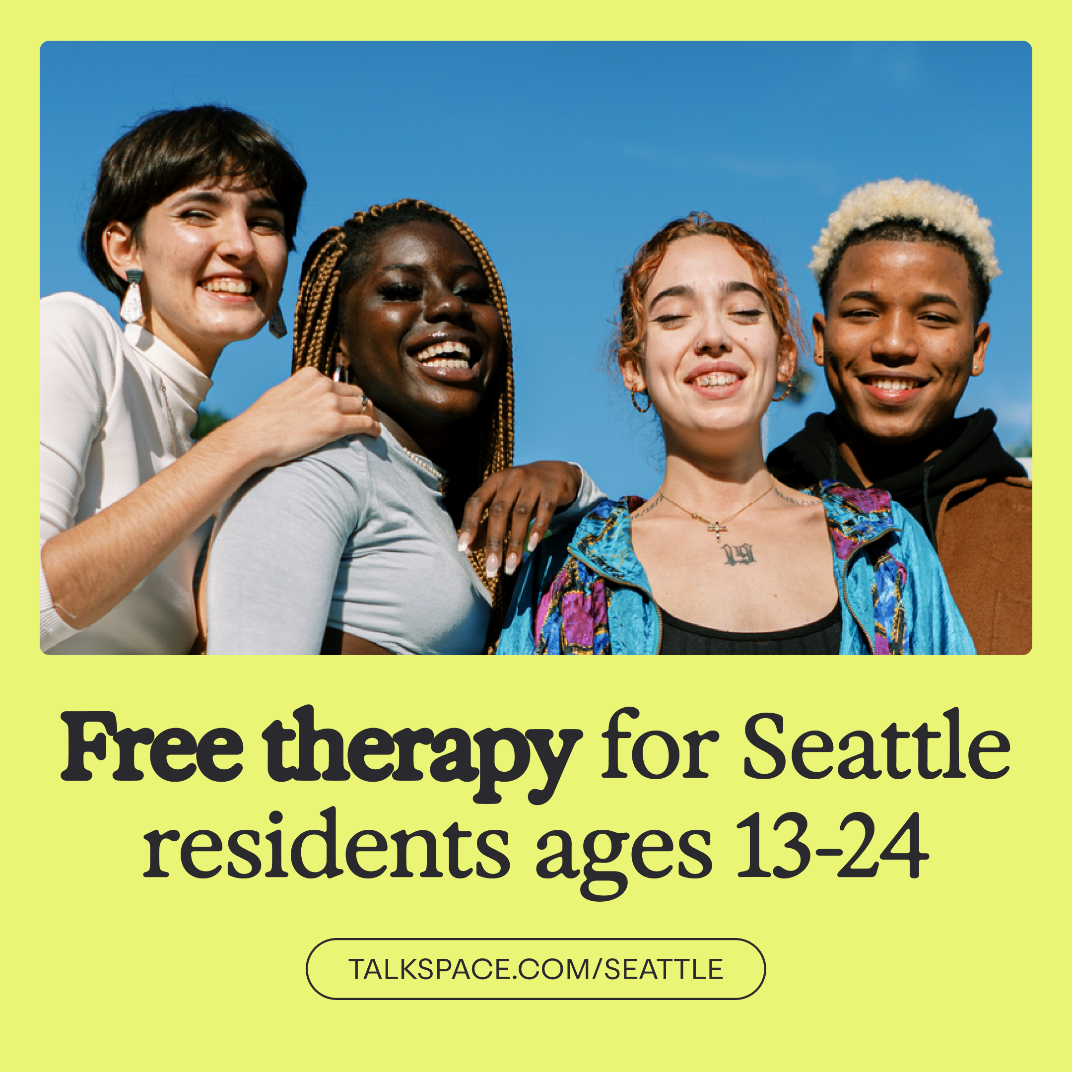 Flyer features for youth with bright smiles against a blue sky background, and announces free virtual therapy for teens at talkspace.com