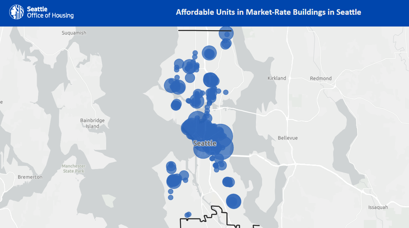 A map of the City of Seattle in blue and grey. Click on the image will take you to an MFTE map to search for affordable housing.