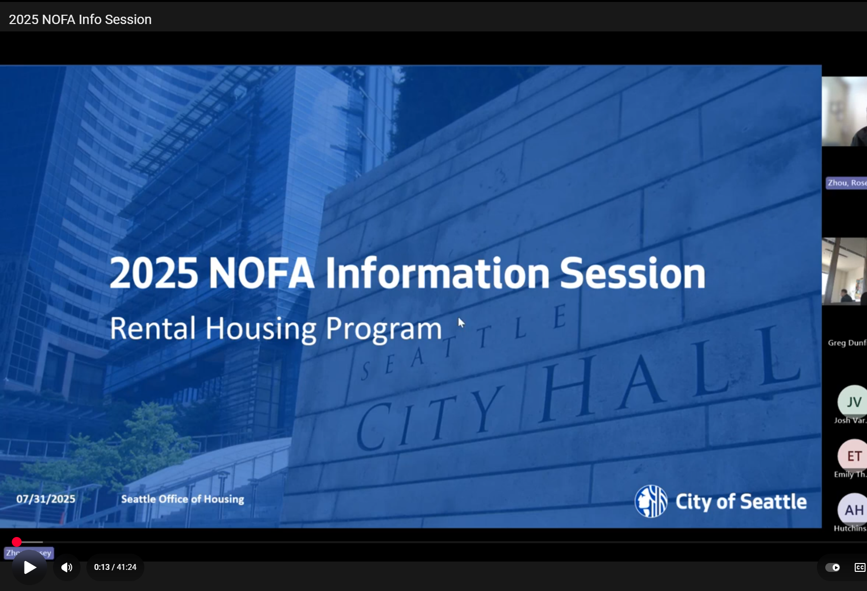 screenshot of a video recording with a presentation slide titled "2025 NOFA Information Session"