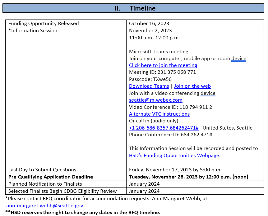 Graphic of RFQ timeline. Please read text below for all information contained in the graphic.