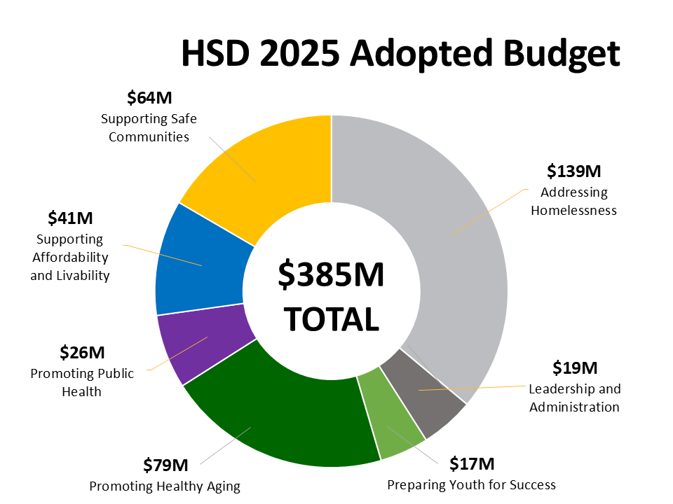 Pie Chart breakdown of the HSD Budget by Investment Area totaling $385 million, with $64 million for Supporting Safe Communities, $41 million for Supporting Affordability and Livability, $26 million for Promoting Public Health, $79 million for Promoting Healthy Aging, $17 million for Preparing Youth for Success, $19 million for Leadership and Administration, and $139 million in mostly pass-through funds to King County Regional Homelessness Authority for Addressing Homelessness