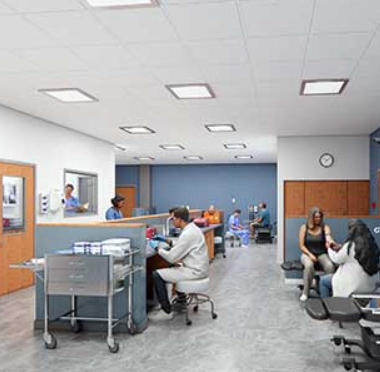 Architect&rsquo;s rendering of the new Opioid Recovery and Care Access Center, a clinic with medical staff and patients. (Image credit: Downtown Emergency Service Center.)