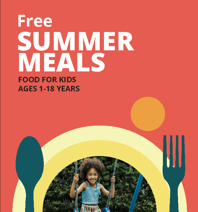 Graphic image with plate, fork, and knife, photo of a young girl on a swing, and the words Free Summer Meals and Food for Kids Ages 1 to 18 years