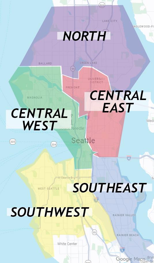 Map of Seattle divided into four quadrants represented by Community Engagement Coordinators.