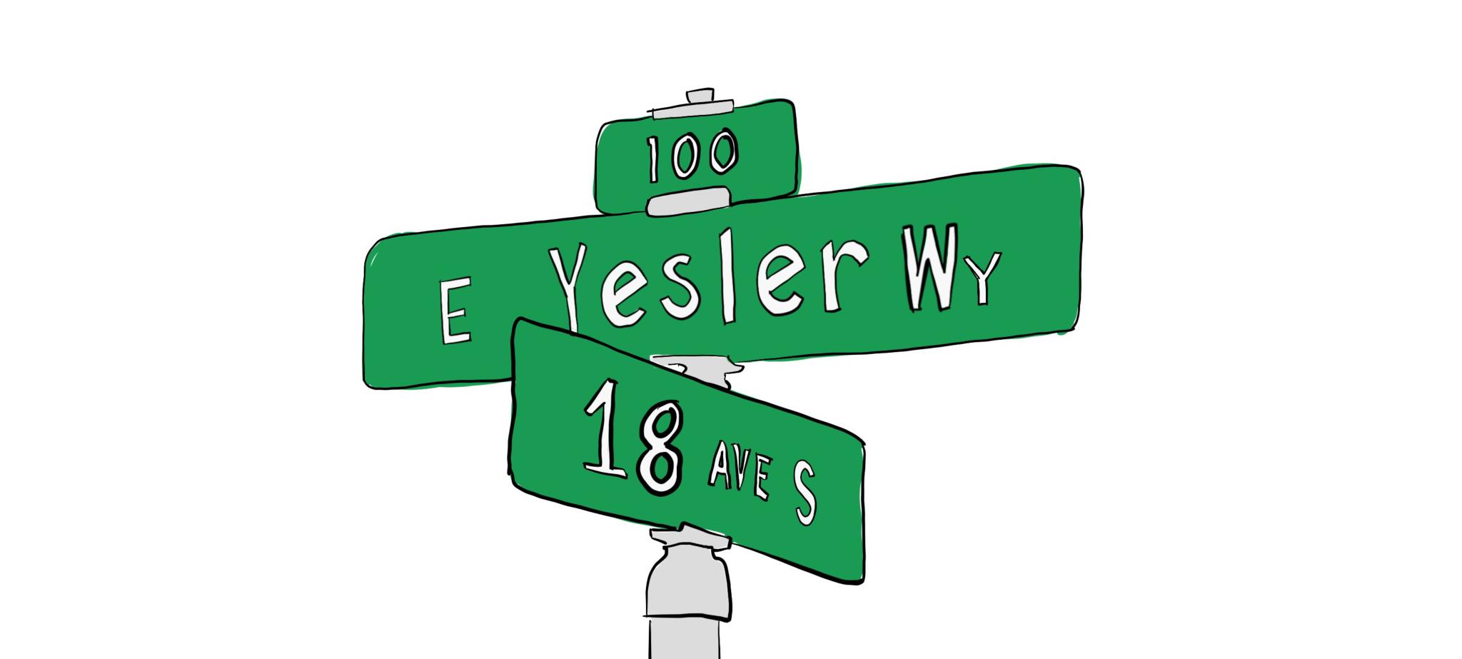 Drawing of street signs on the corner of E Yesler Way and 18th Ave S