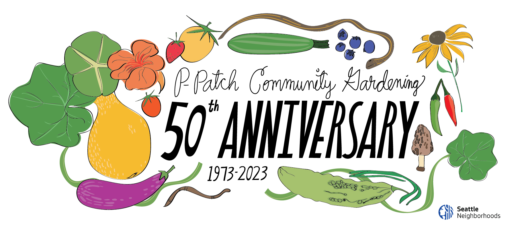 Hand drawn vegetables, berries, critters and leaves with the words P-Patch Community Gardening 50th Anniversary, 1973-2023