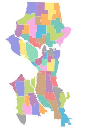 A map of Seattle with many colored areas that define neighborhood borders