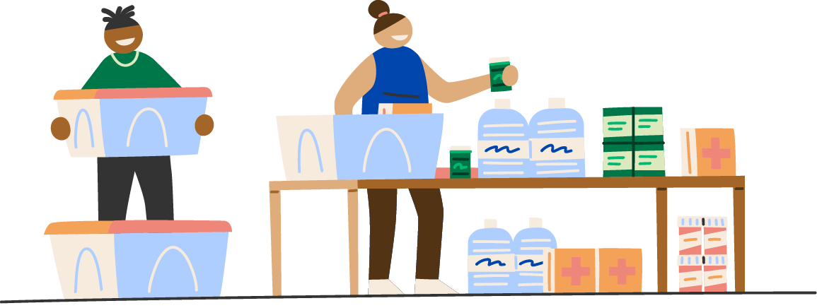 Illustration of two volunteers distributing water, food, first aid, and other supplies to support community preparedness. 