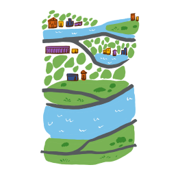 a graphic illustration of a river flowing through a park with green grass