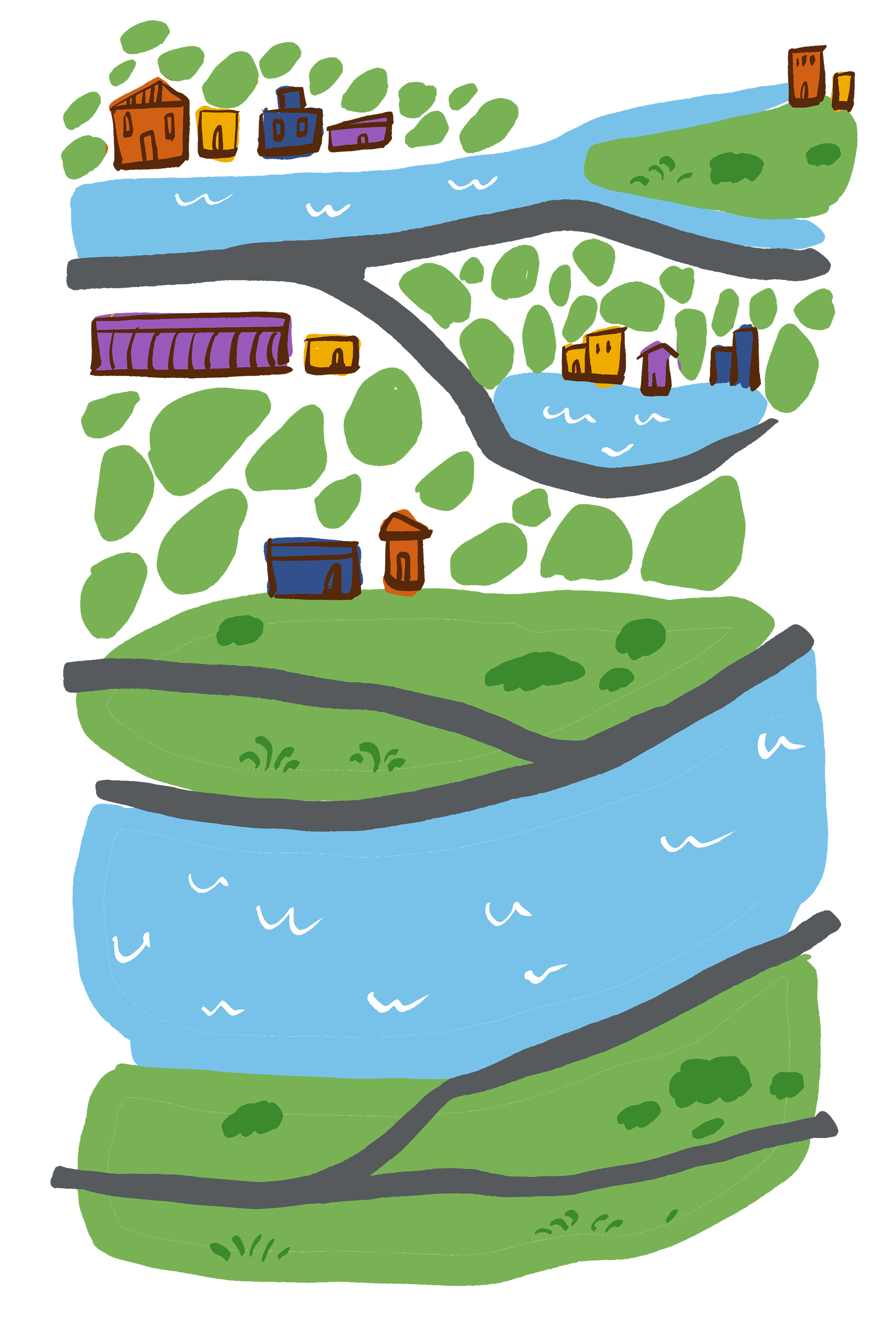A graphic illustration of a park with a blue stream flowing through green meadows