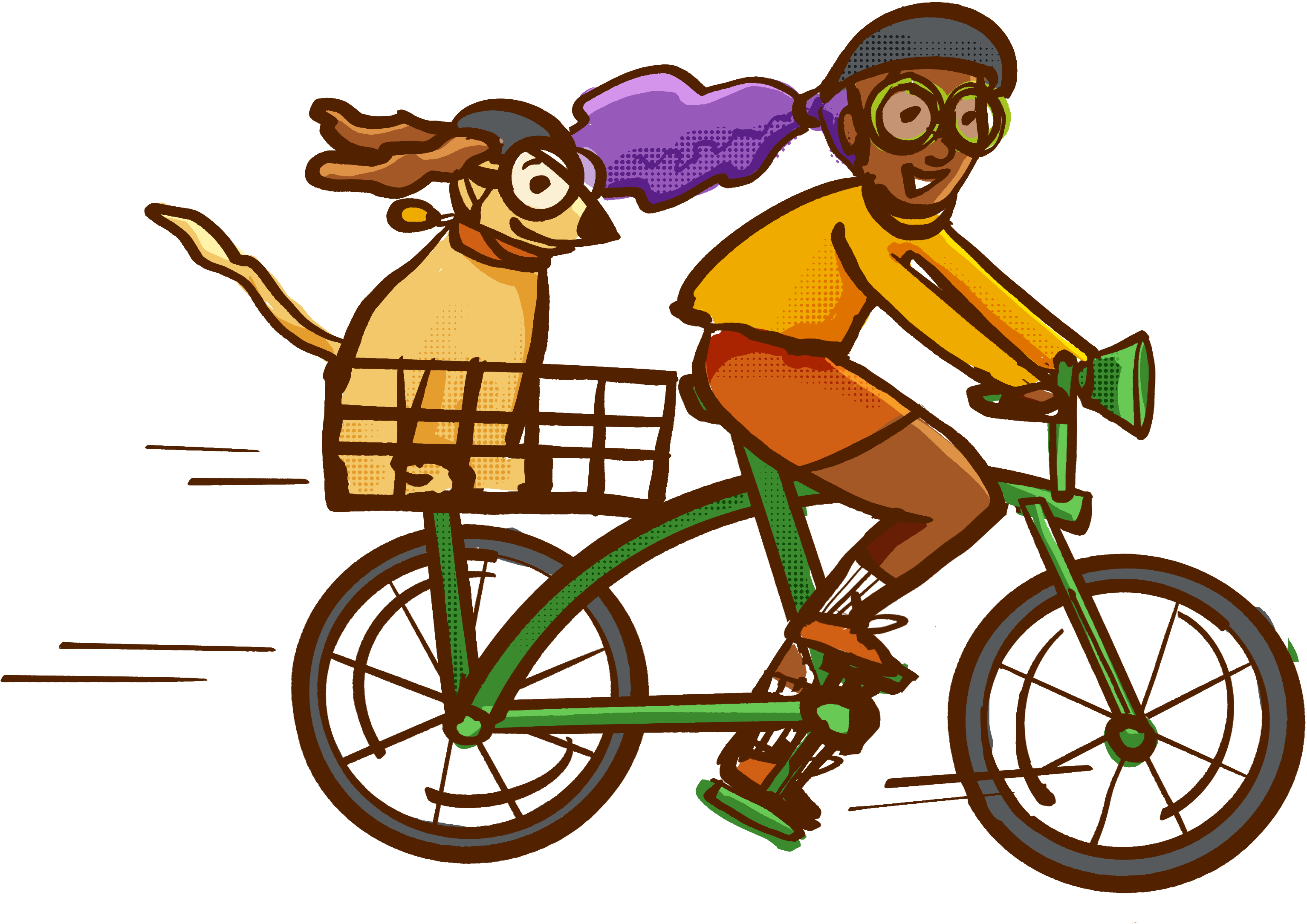A graphic illustration of a person on a bike with a dog in a basket on the back.