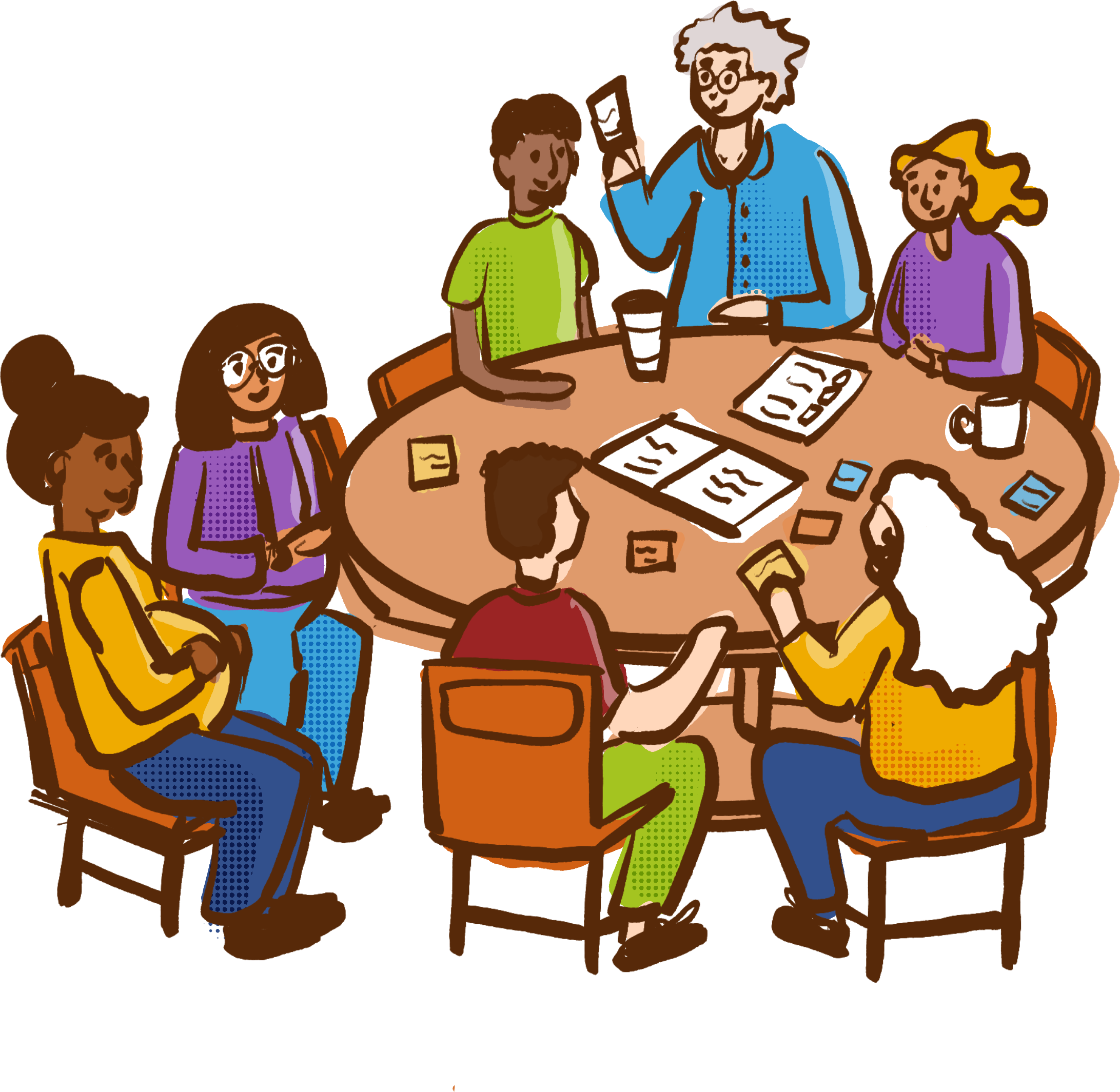A graphic illustration of community members meeting around a table
