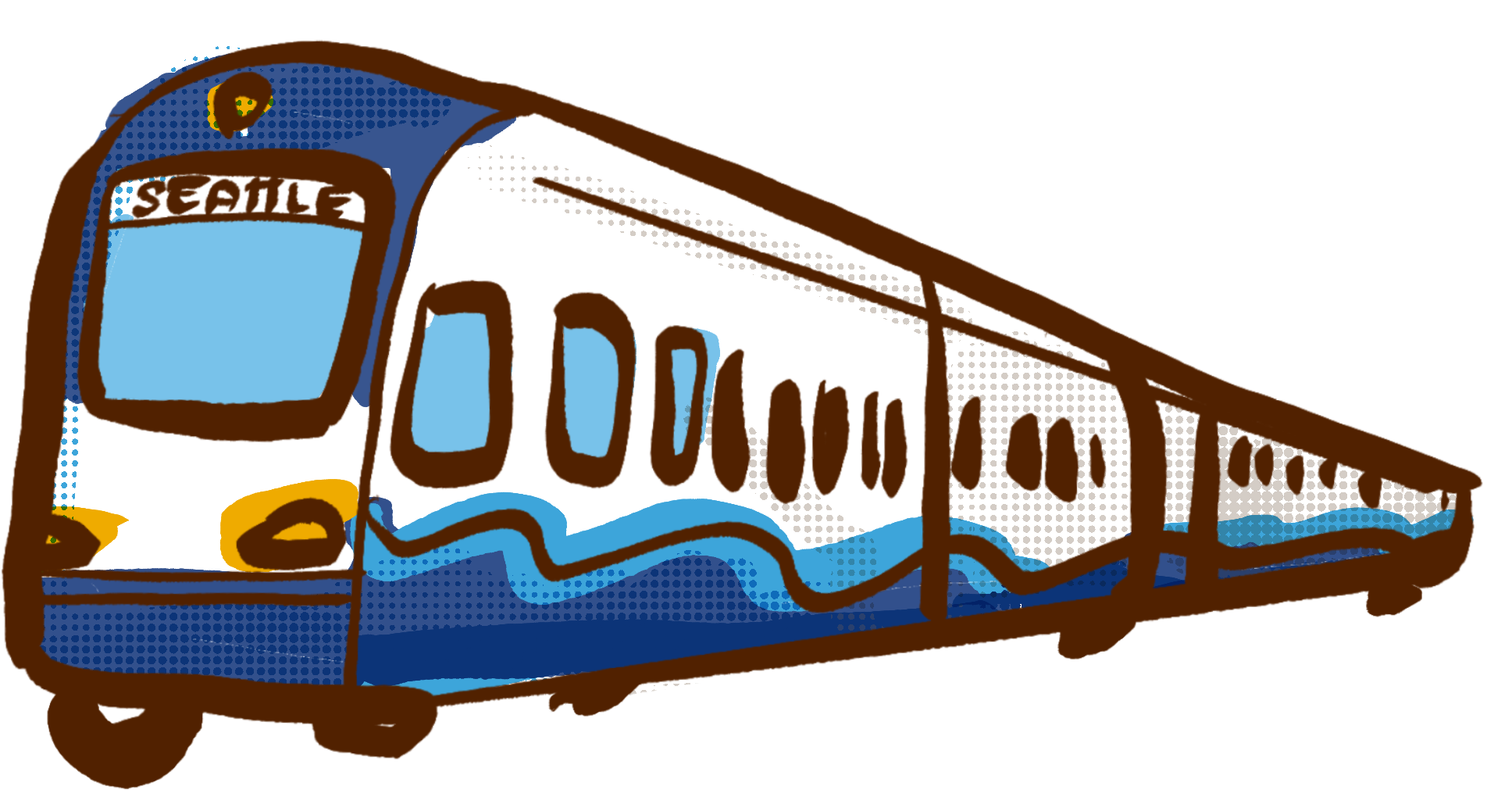 A blue and white graphic illustration of the Seattle Light Rail