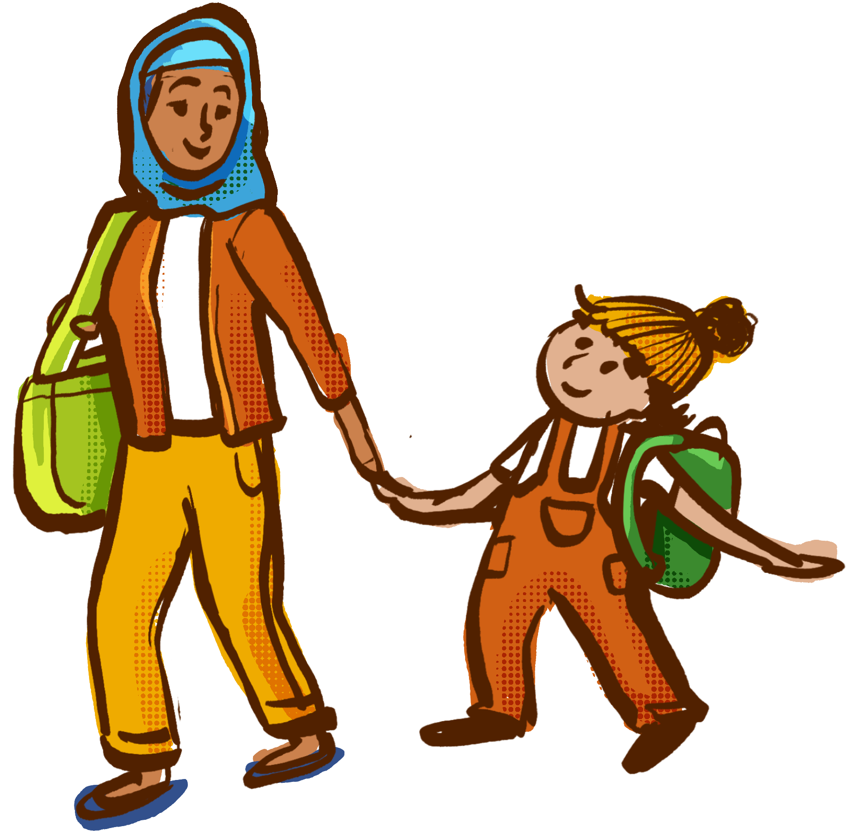 A graphic illustration of a parent and child holding hands and walking