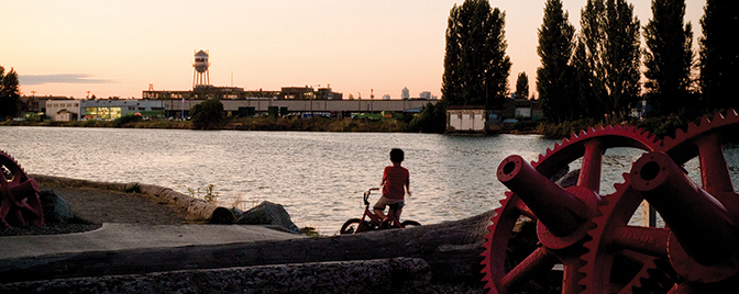 View of Duwamish river and industrial area at sunset