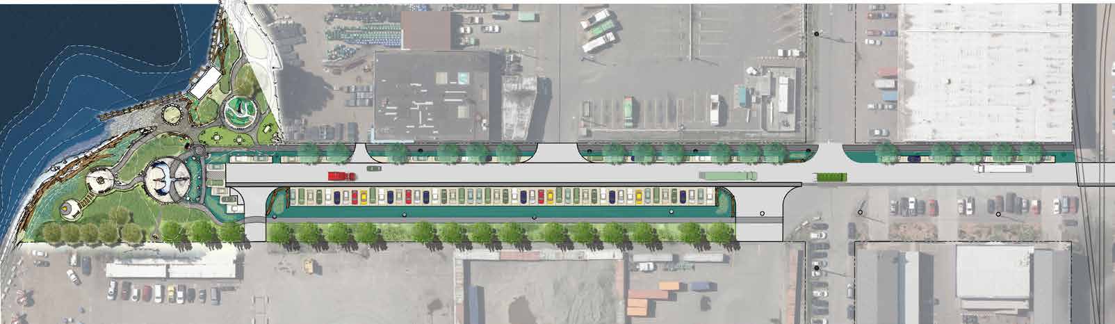 Vision for improvements to 8th Ave. S and Gateway Park North in Georgetown that cater to the needs of both the residential and industrial/business communities. Features include green infrastructure (including trees), a pedestrian pathway, vehicle parking, and improvements to the Street End Park.  More work needs to be done to determine feasibility of improvements.