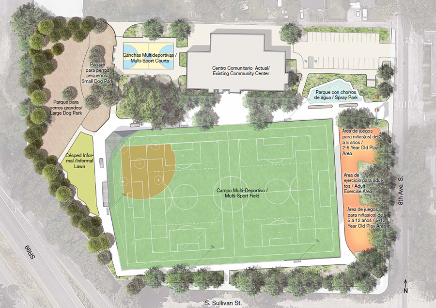 Image of 30% design for the South Park Community Center site redevelopment.  Features include a multi-sport field, two play areas, adult exercise area, spray park, multi-sport courts, dog park, and informal lawn.