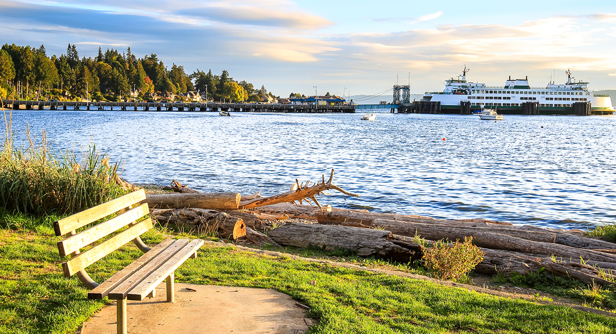 Bench by water, trees and ferry in the background