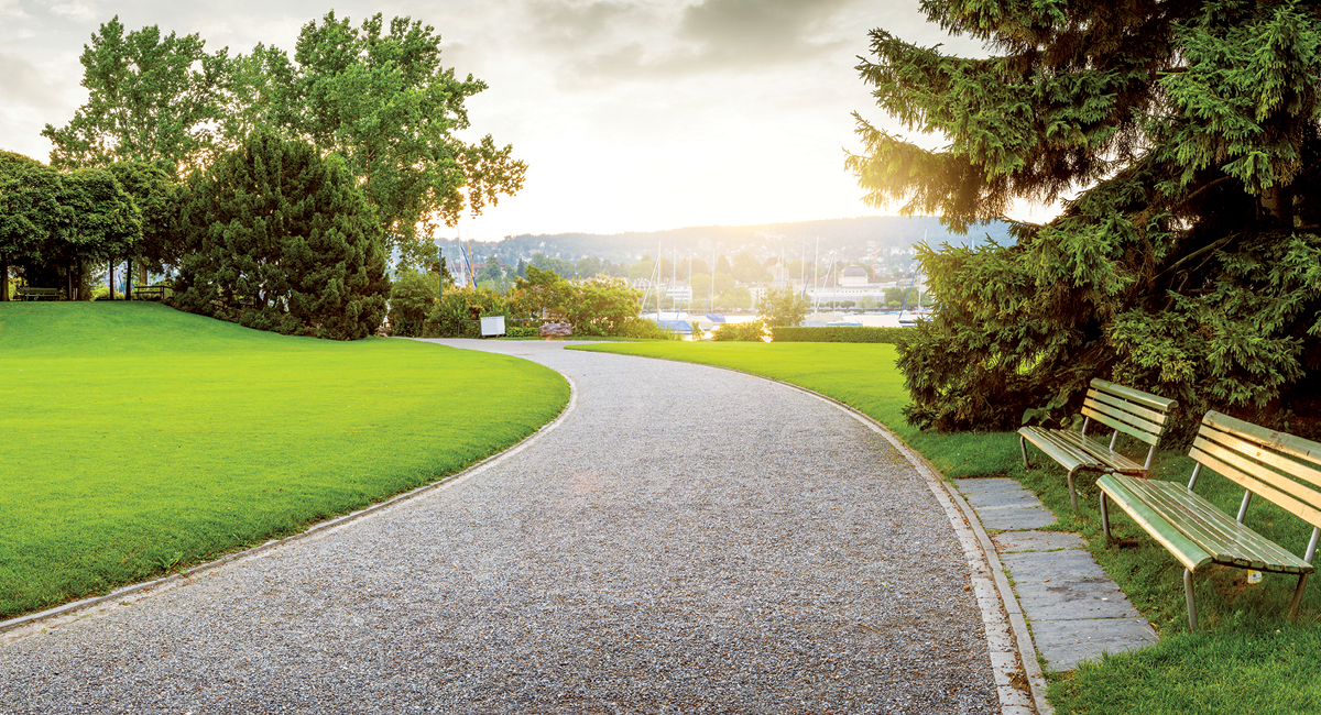 Gravel path in a park with trees and water in the distance