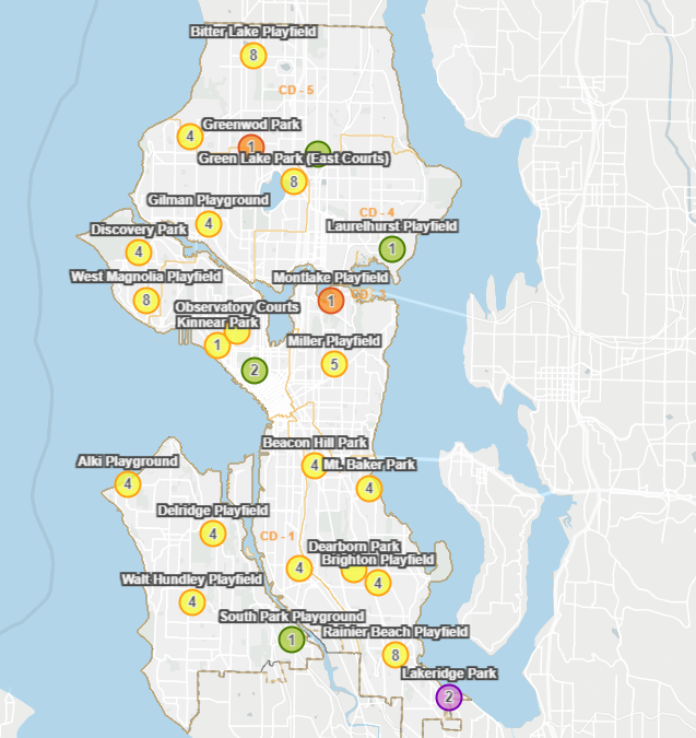 Map of Pickleball Courts in Seattle. Click or tap to open an interactive map in a new window.