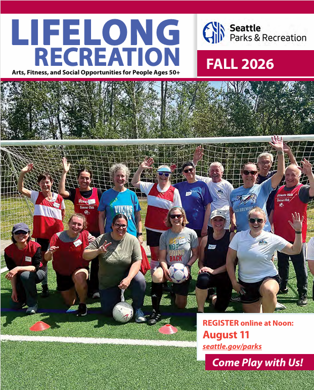 Photo of adults over age 50 gather near a soccer net facing the camera for this brochure cover of Lifelong Recreation programming.