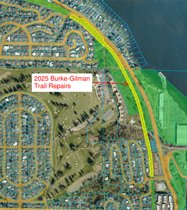 Map showing 2025 Burke-Gilman Trail repairs along Sand Point Way NE near Lake Washington