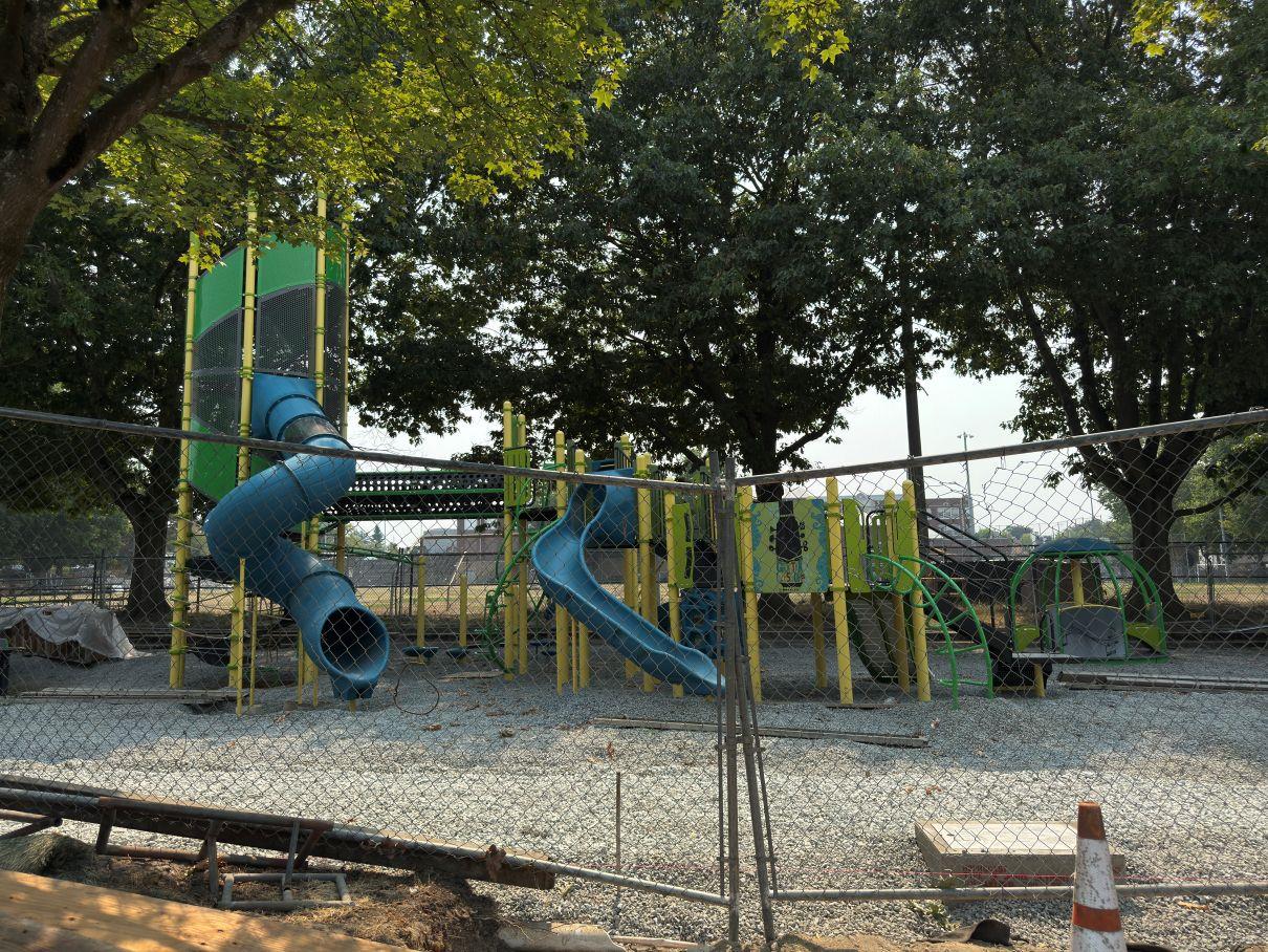 Playground under construction at Garfield Super Block, August 2026.