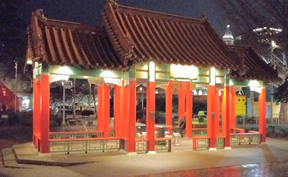 Night photo of Hing Hay Park pavilion after completion of repairs