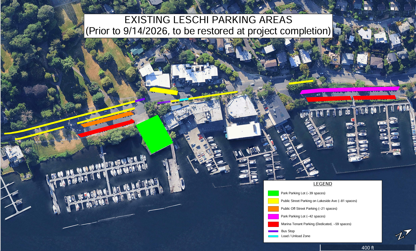 Click to open ADA accessible PDF in a new frame: Parking map of Leschi North and Leschi South Marinas, showing parallel street parking, general use parks parking lots, and dedicated spaces for marina tenants only.  Parking map in effect prior to 9/14/2026, and will be restored after construction ends.