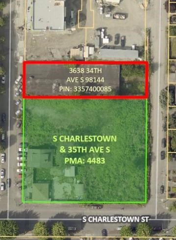 Aerial view map of future park area (green) and added red area parcel at 3638 34th Ave S.