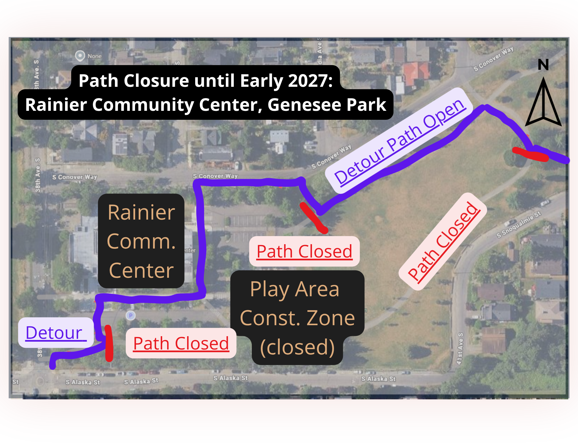 Pedestrian detour map around Rainier Community Center Play Area Construction