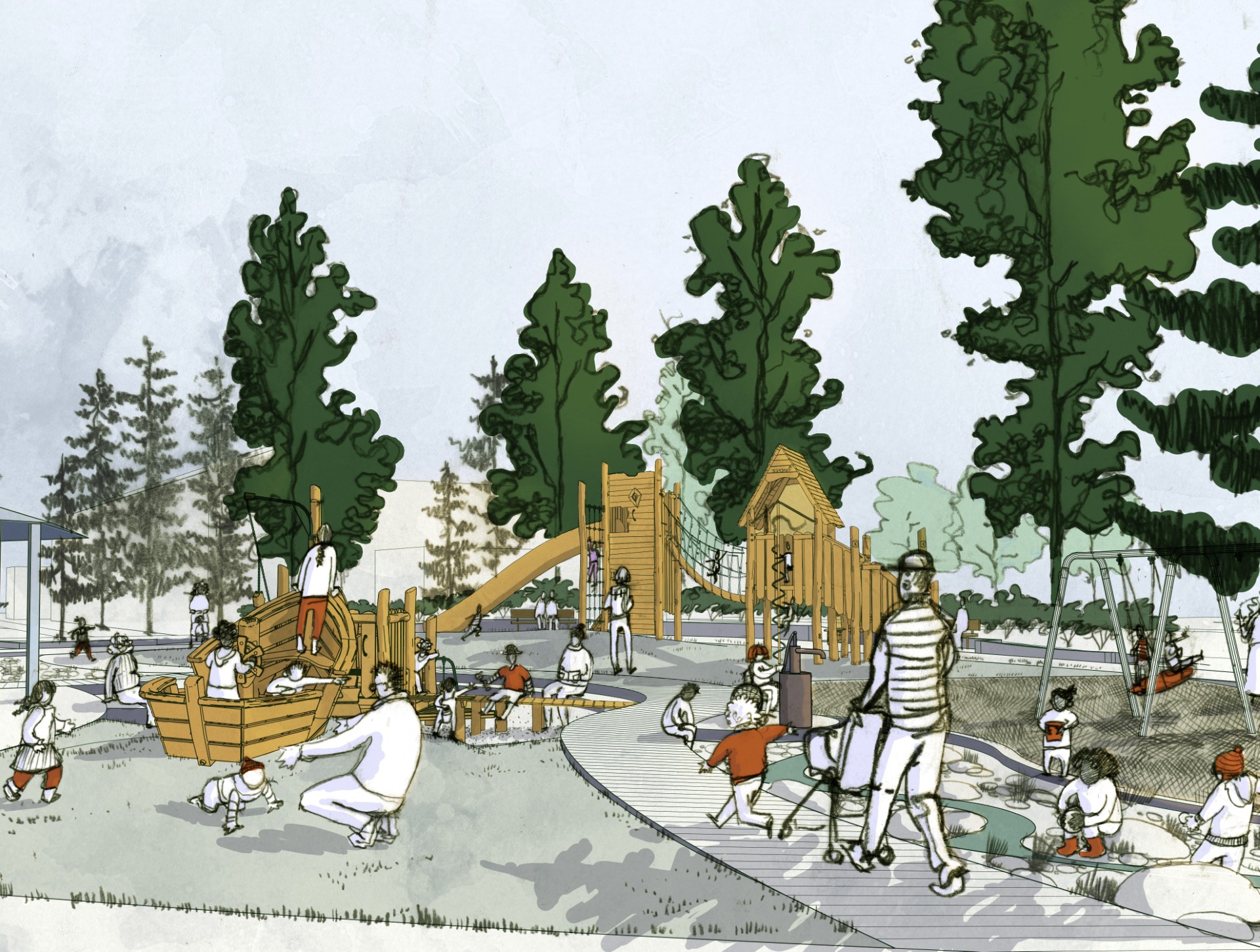 Illustrated design rendering of the Rainier Community Center playfield renovation showing an outdoor play area with many children and adults using various features. The scene includes tall trees surrounding the space, a wooden climbing structure with slides and rope bridges, a wooden boat‑shaped play element, seating areas, paved walkways, and small play zones on the ground. People are scattered throughout, interacting with the equipment, sitting, walking, and exploring different parts of the playground.