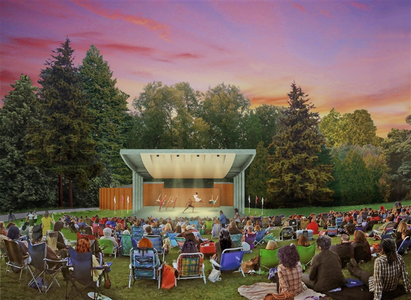 rendering of proposed amphitheatre with audience in the evening