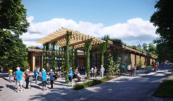 Artist’s rendering looking southeast at the new café space from Arboretum Way.