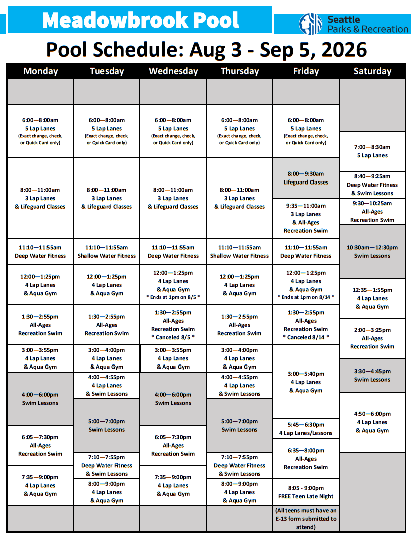 Chart of pool programming by day and time