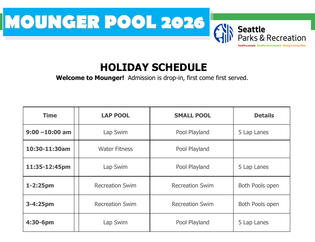 Mounger Pool holiday schedule. Click or tap to open a printer friendly version in a new frame