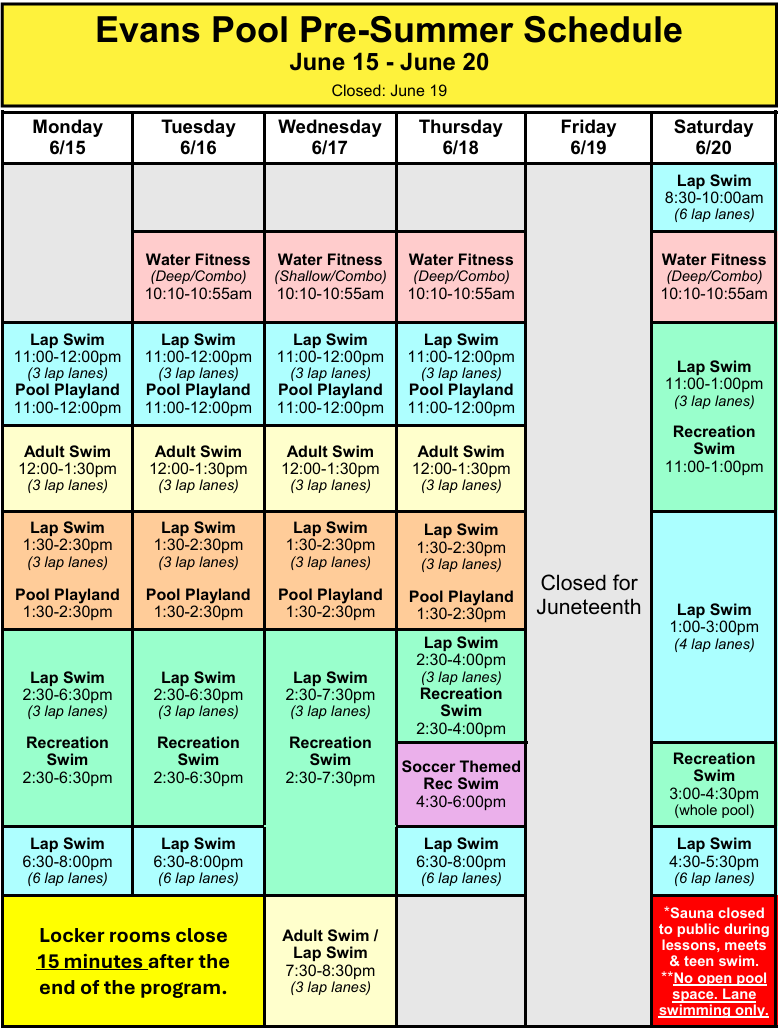Evans Pool schedule. Click or tap to open an ADA accessible printable version in a new frame