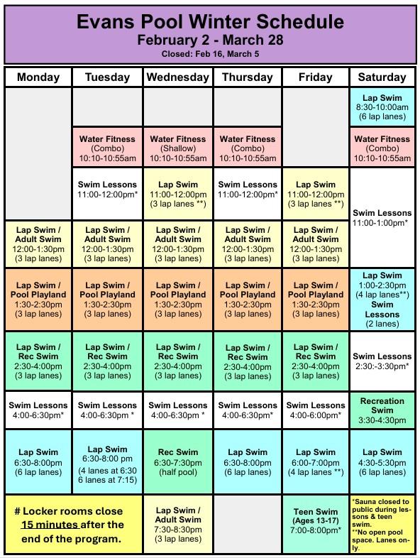 Evans Pool schedule for Feb-Mar 2026. Click or tap to open an ADA-accessible, printable version in a new window.