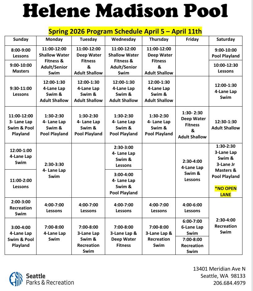 Madison Pool schedule, April 5-11, 2026. Click or tap to open an ADA-accessible, printable version in a new window.