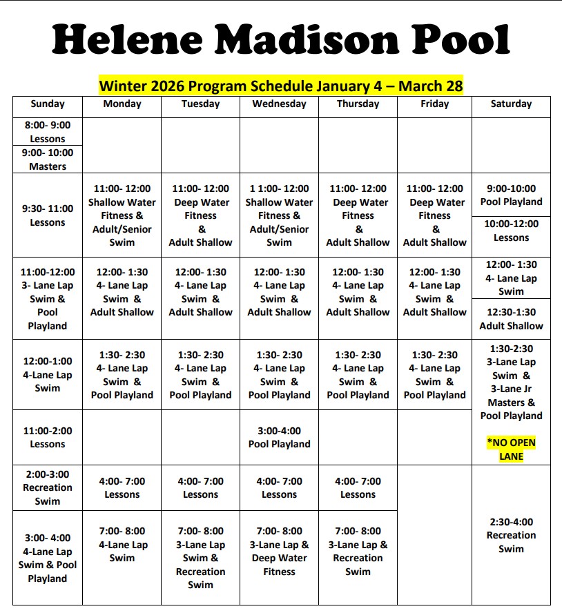 Madison Pool schedule, Winter 2026. Click or tap to open an ADA-accessible, printable version in a new window.