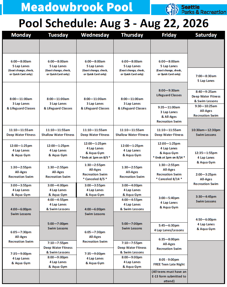 Chart of pool programming by day and time