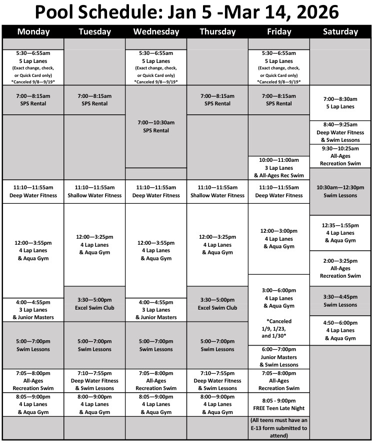 Meadowbrook Pool schedule, Winter 2026. Click or tap to open a printable, ADA-compliant version in a new window
