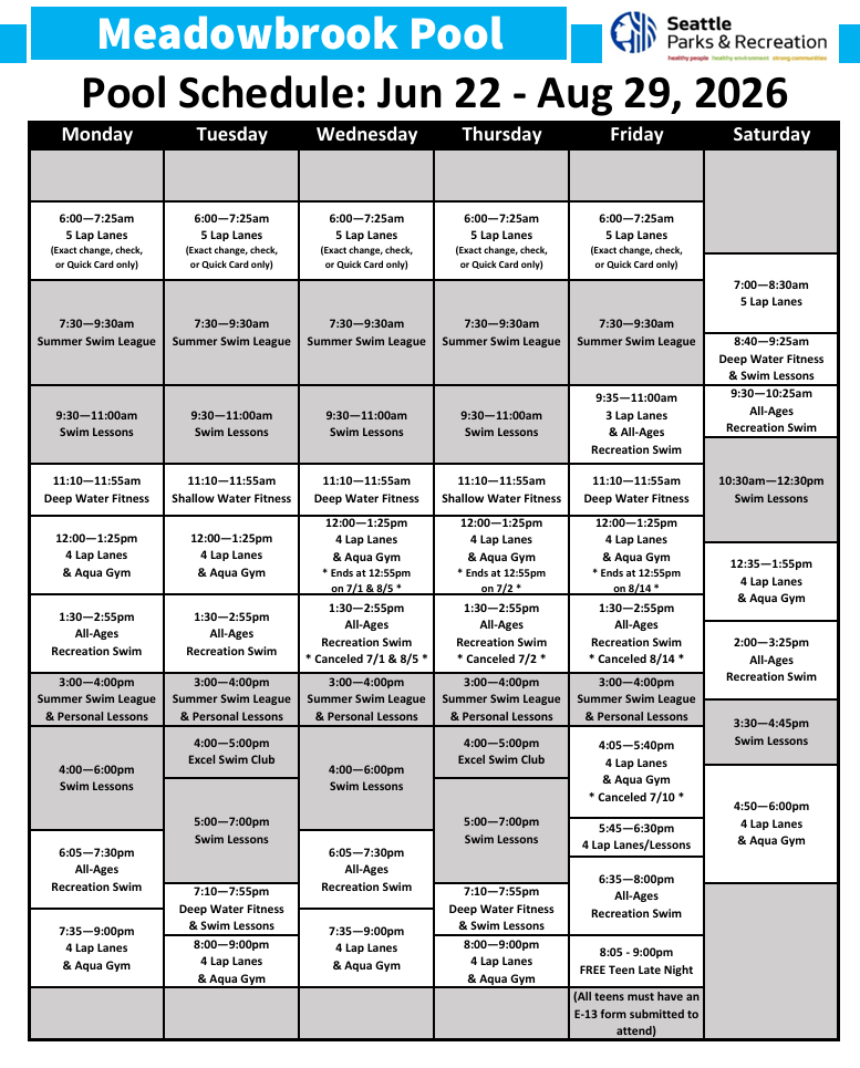 A grid with scheduled programs and times for the pool