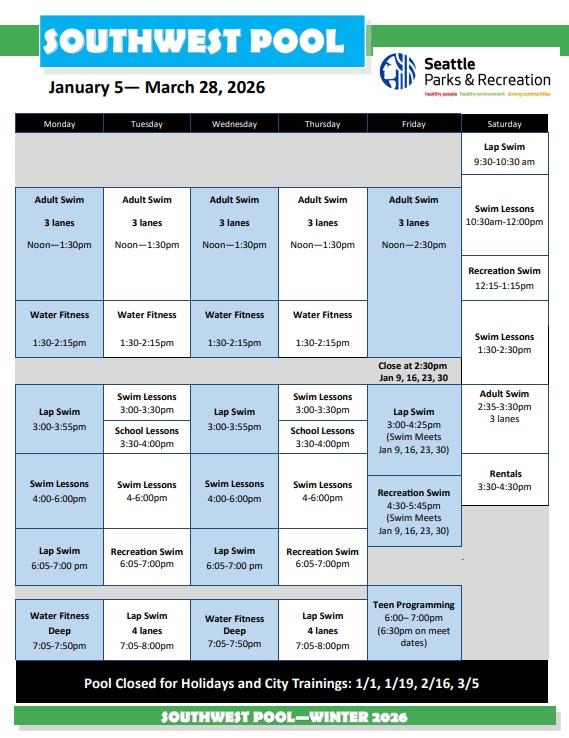 Southwest Pool schedule, Winter 2026. Click or tap to open a printable, ADA-compliant version in a new window.