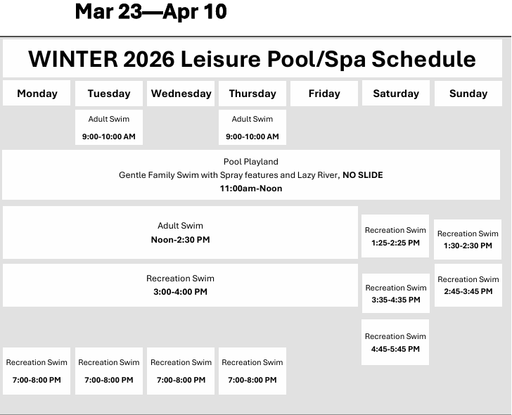 Rainier Beach Leisure Pool schedule. Click or tap to open in a new window.