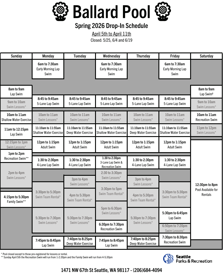 Click or tap to open an ADA-accessible, printable version of the Ballard Pool schedule in a new frame. 